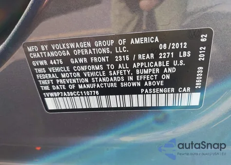 2012 Volkswagen Passat 2.5L Se z USA, uszkodzony, nr VIN 1VWBP7A39CC110776